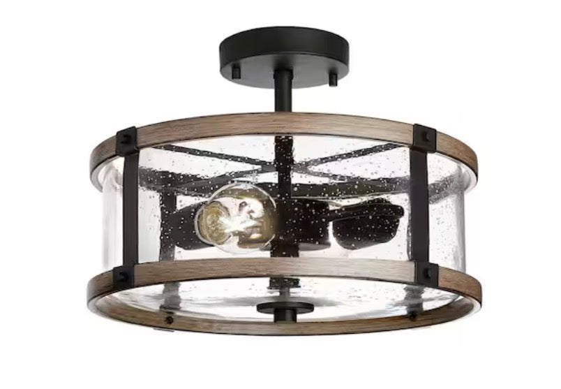 Richland 2-Light Grey Wood Semi Flush Mount Clear Seedy Glass