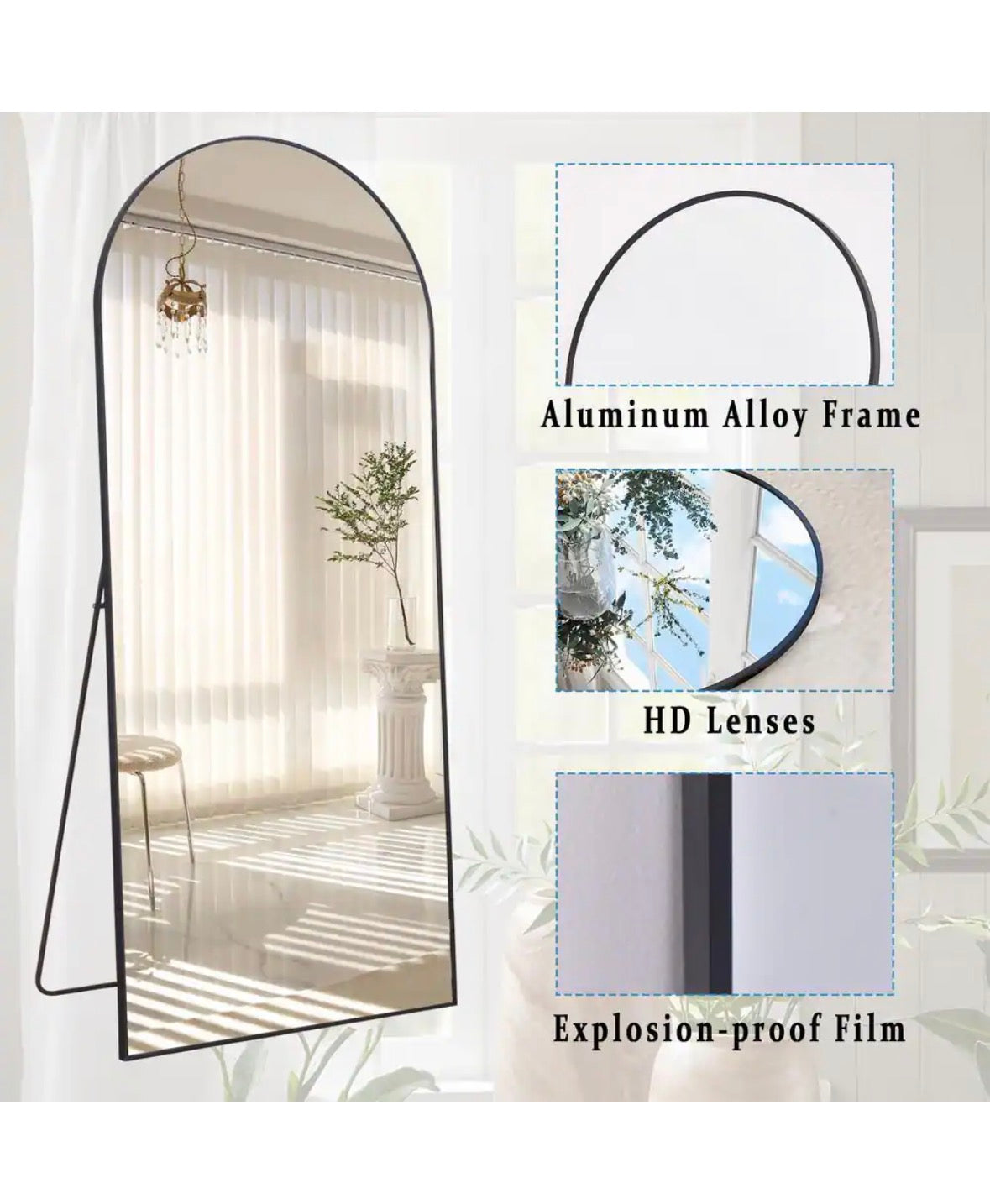33 in. W x 76 in. H Arched Classic Aluminum Alloy Framed Black Oversized Full Length Mirror Wall Mirror