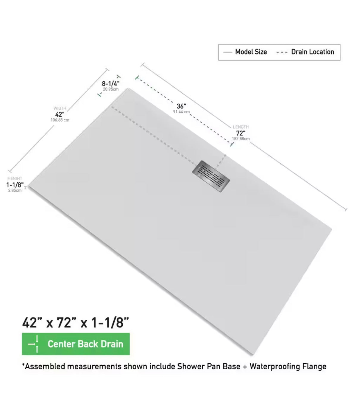 72 in. L x 42 in. W x 1.125 in. H Solid Composite Stone Shower Pan Base with Center Back Drain in White Sand