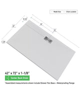 72 in. L x 42 in. W x 1.125 in. H Solid Composite Stone Shower Pan Base with Center Back Drain in White Sand