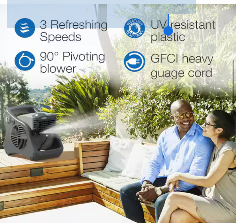 Misto 15 in. 3 Speed Outdoor Misting Fan in Black for Backyards, Patios and Decks with Misting Kit and Pivoting Head