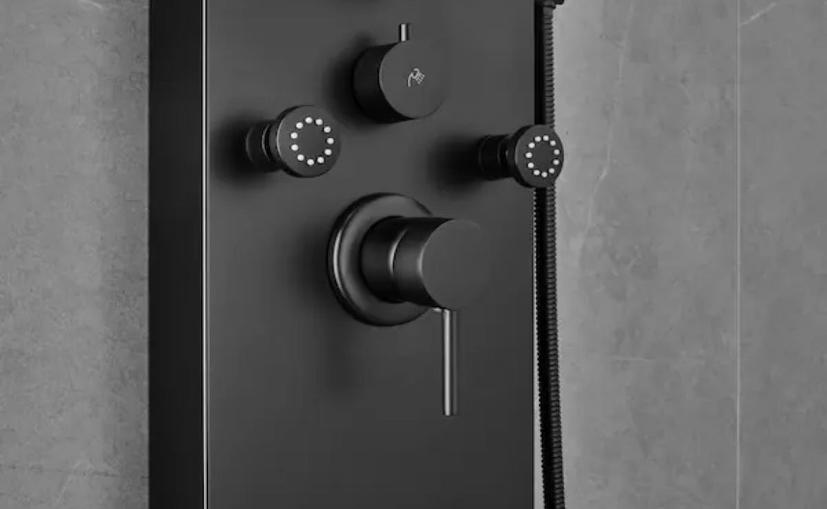 65 in. 8-Jet Rainfall Shower Panel System with Waterfall Shower Head and Shower Wand in Black Painted Stainless Steel