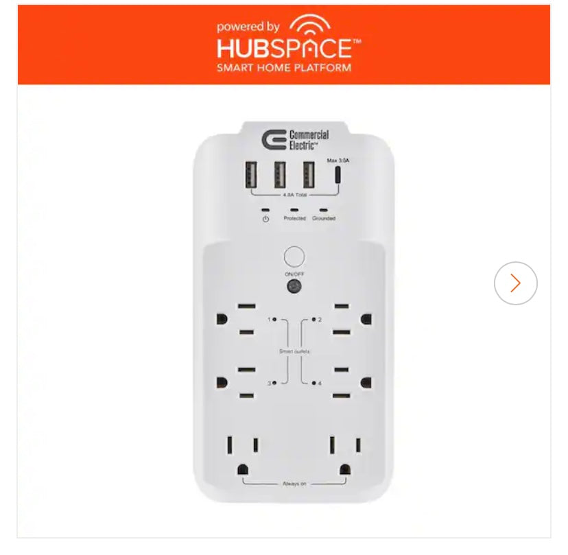 6-Outlet Smart Surge Protector with 4 USB Ports, White, Powered by Hubspace