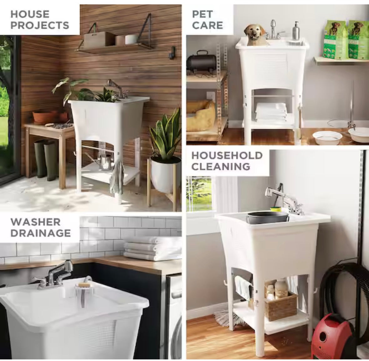 24.1 in. L x 24.1 in. W x 36.7 in. H Laundry Sink / Utility Sink Work Center in White with Pull-Out Faucet in Chrome