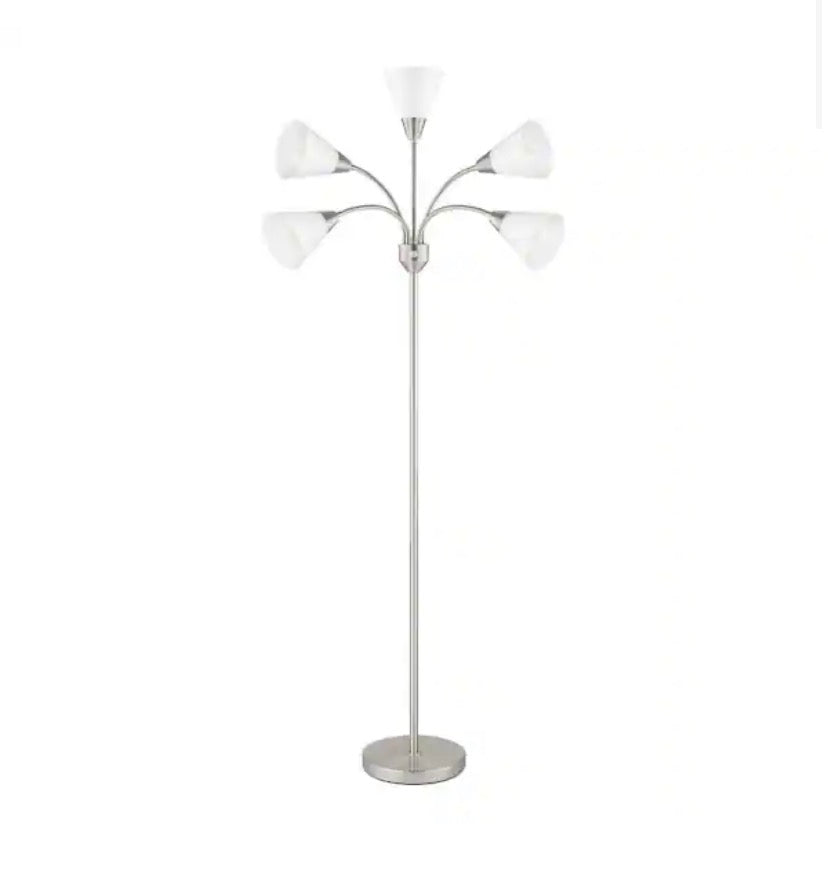 67 in. 5-Light Brushed Nickel Gooseneck Floor Lamp with White Acrylic Shades