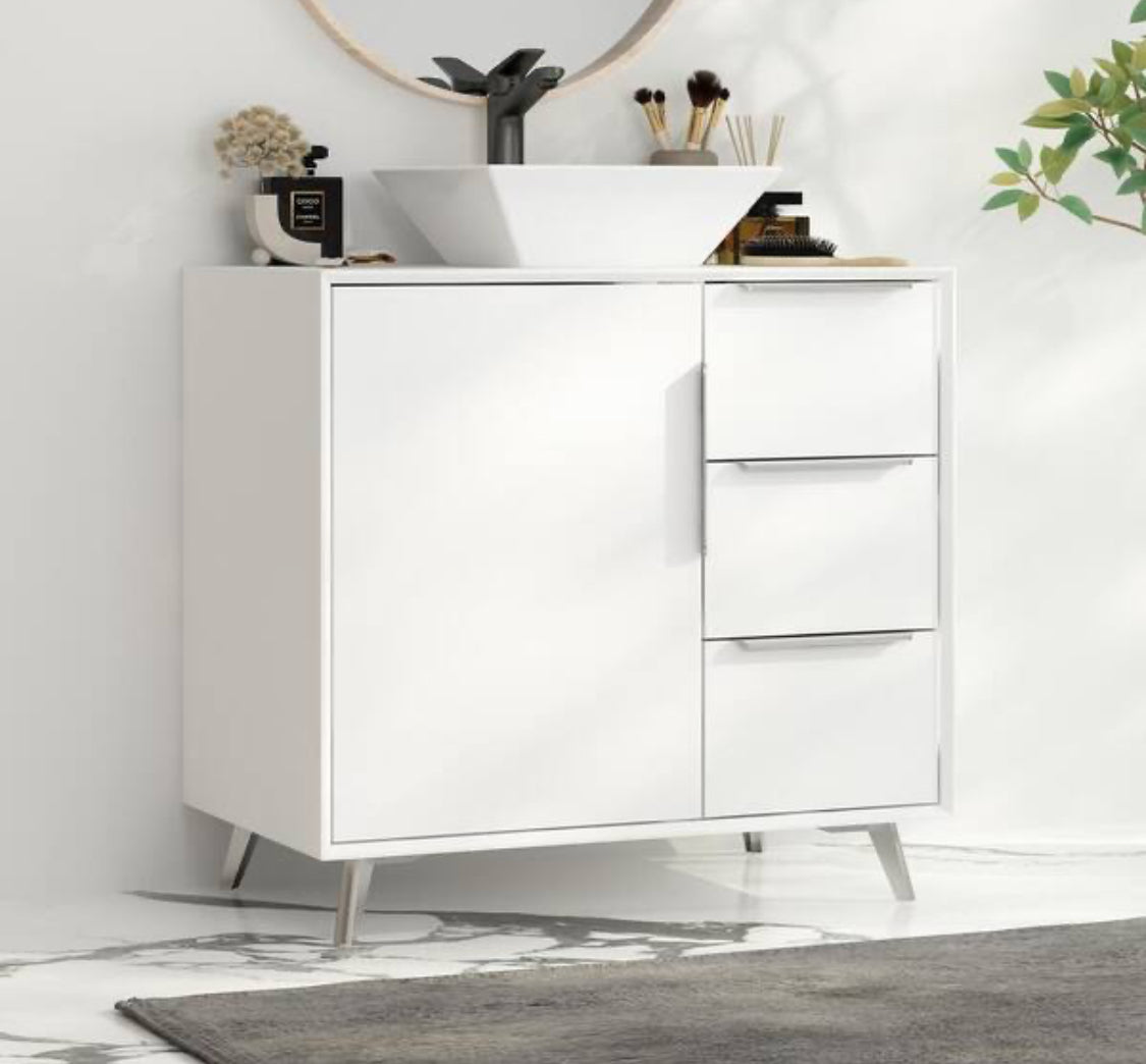 30 in. W x 18.1 in. D x 29.4 in. H Bath Vanity in White with White Marble Top Sink and 3-Drawers