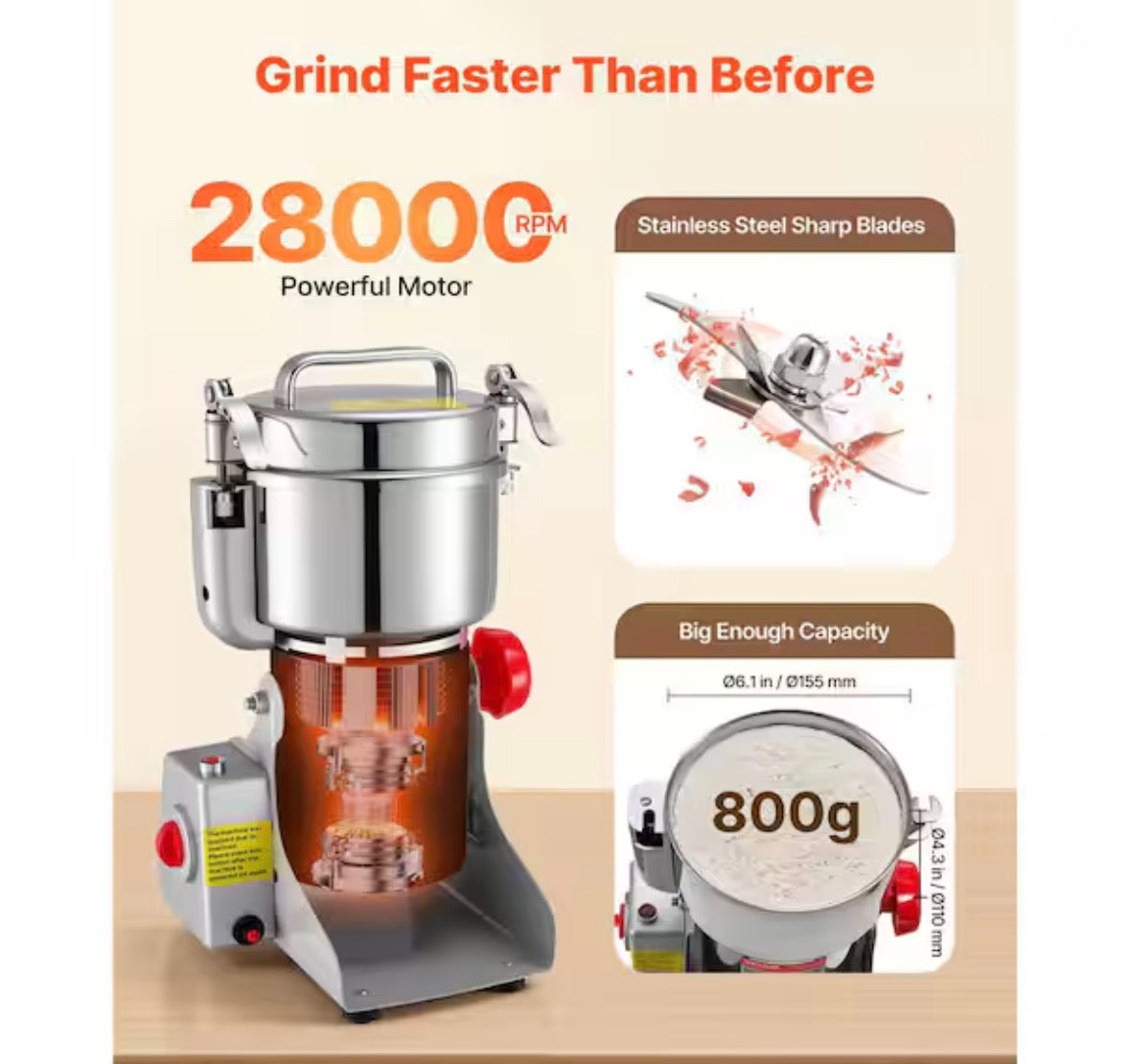 Electric Grain Mill Grinder 2100W High-Speed Stainless Steel Pulverizer 1.8 lb. Kitchen Tools for Spices Grains