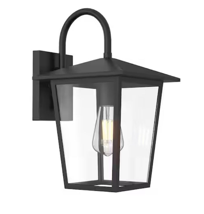 Rosebrook 16 in. 1-Light Black Outdoor Hardwired Wall Lantern Sconce with Clear Glass Shade