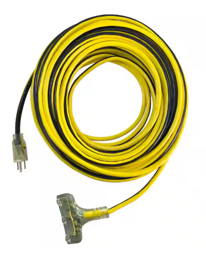 VividFlex 25 ft. 12/3 Heavy Duty Indoor/Outdoor Triple Tap Extension Cord with Lighted Ends, Yellow