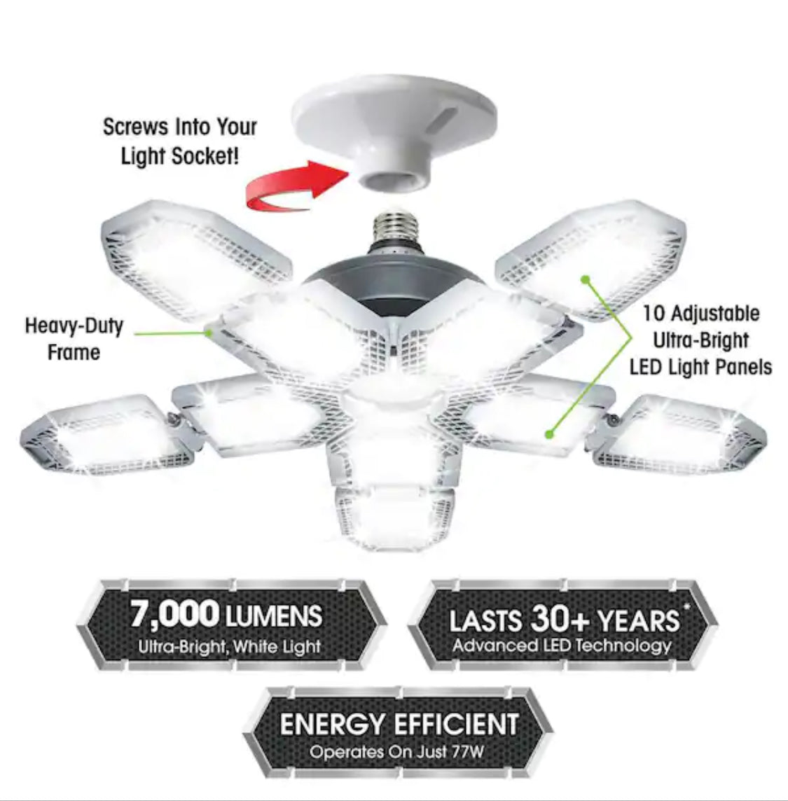 60-Watt Ultra Bright LED Light Bulb 6500K with 10 Adjustable Light Panels