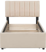 Teddy Fleece Twin Size Upholstered Platform Bed with Trundle, Remote-Control LED Lights, Solid Frame & Extra Sleeping Space (Beige, Twin)