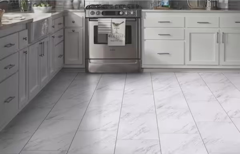 Carrara Marble 4 MIL 12 in. W x 24 in. L Peel and Stick Waterproof Vinyl Tile Flooring (20 sqft/case)