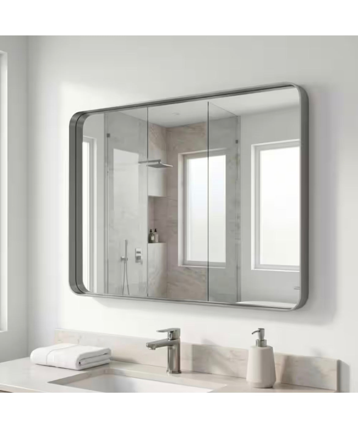 Modern Silver 32 in. W x 48 in. H Rounded Rectangle Aluminum Alloy Framed Vanity Wall Mirror