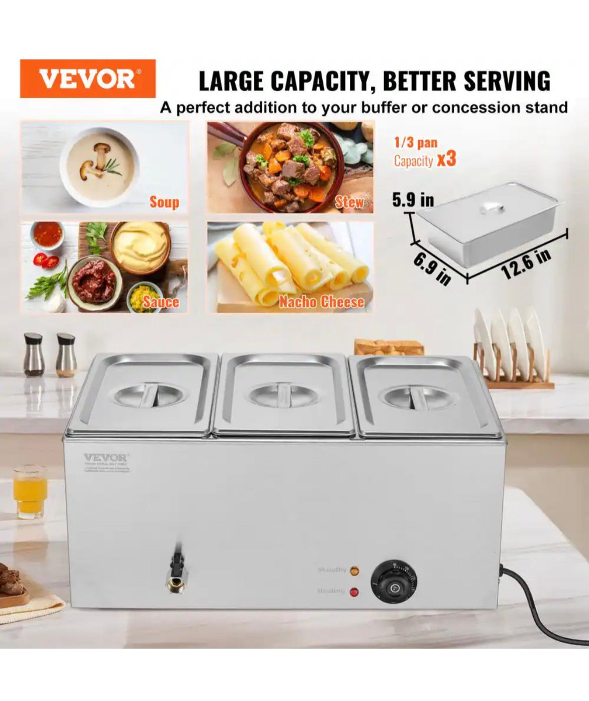 3-Pan Commercial Food Warmer, 17.4QT. Electric Steam Table, 1200W Professional Countertop Stainless Steel Buffet