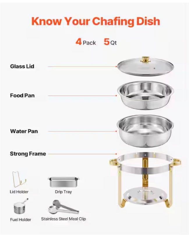 Chafing Dish Buffet Set, 5 qt. 4-Pack, Stainless Steel Chafer with Pans and Glass Lid, Round Catering Warmer with Fuel