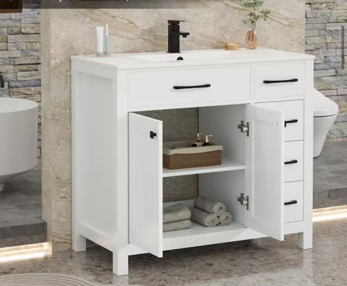 36 in. W x 19 in. D x 34 in. H 1-Sink Freestanding Bath Vanity in White Without Top