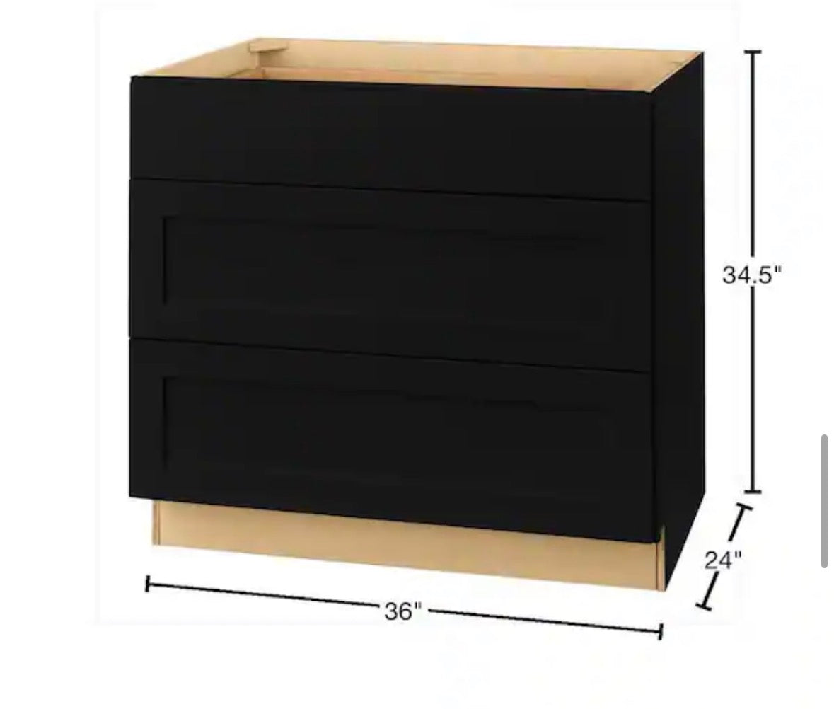 Avondale 36 in. W x 24 in. D x 34.5 in. H Ready to Assemble Plywood Shaker Drawer Base Kitchen Cabinet in Raven Black