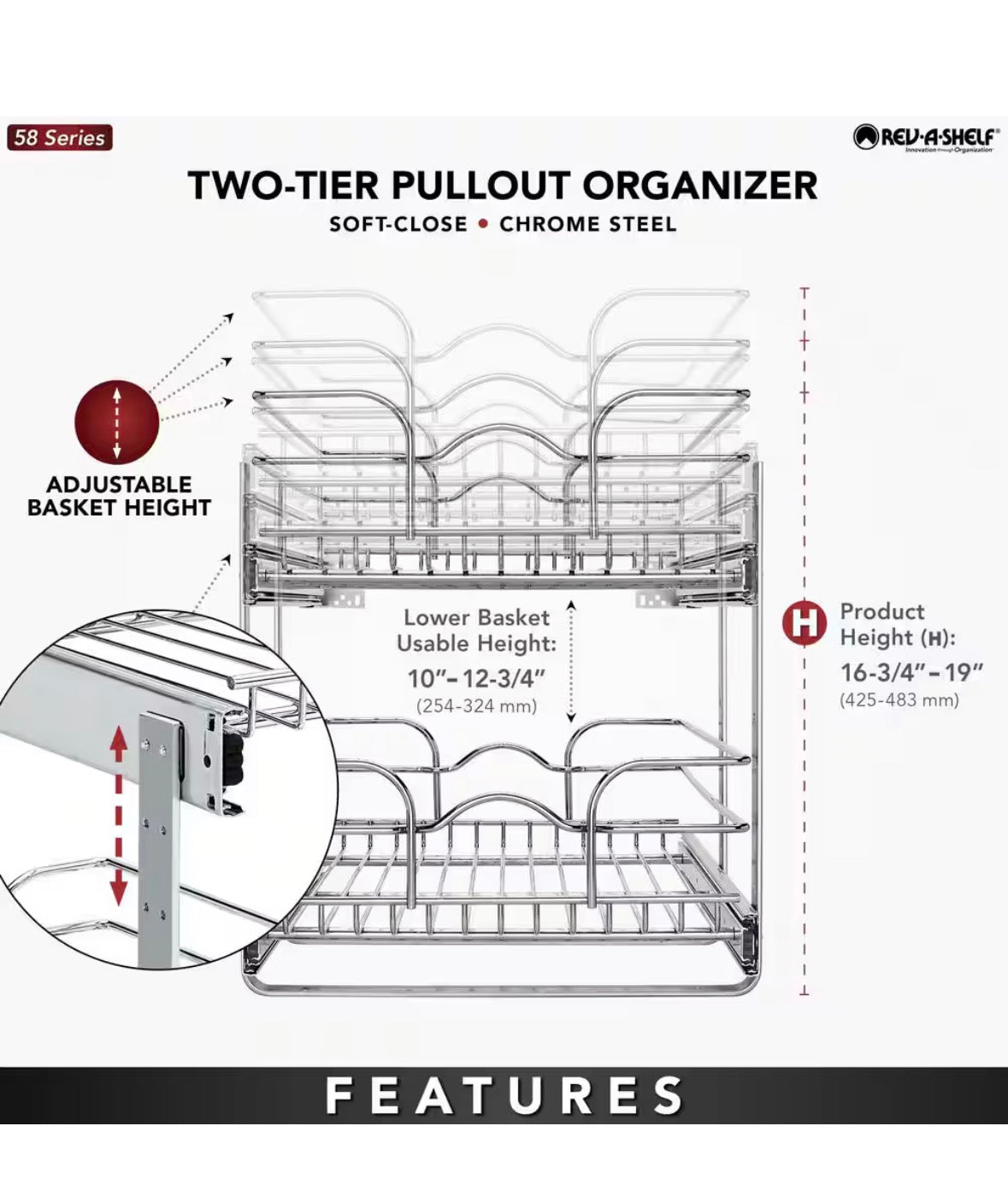 Chrome Steel 15 in. 2-Tier Pullout Basket with Soft-Close