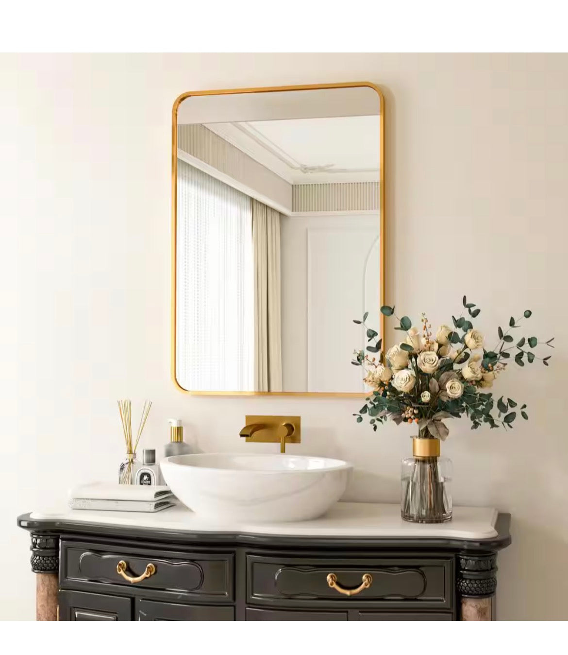 24 in. W x 36 in. H Rectangular Aluminum Alloy Framed Rounded Gold Wall Mirror