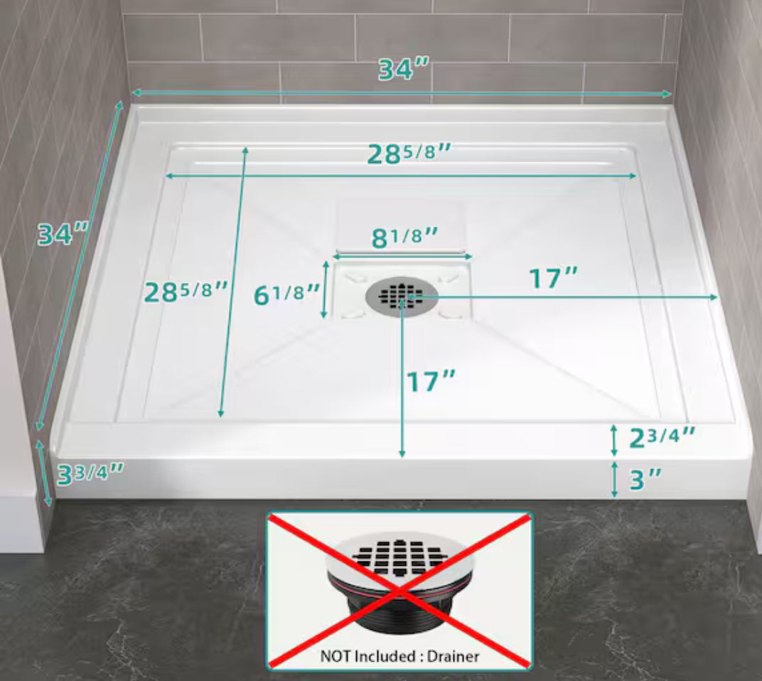 34 in. L x 34 in. W Alcove Shower Pan Base with Center Drain Hole and Magnetic Cover in White Square Shower Base