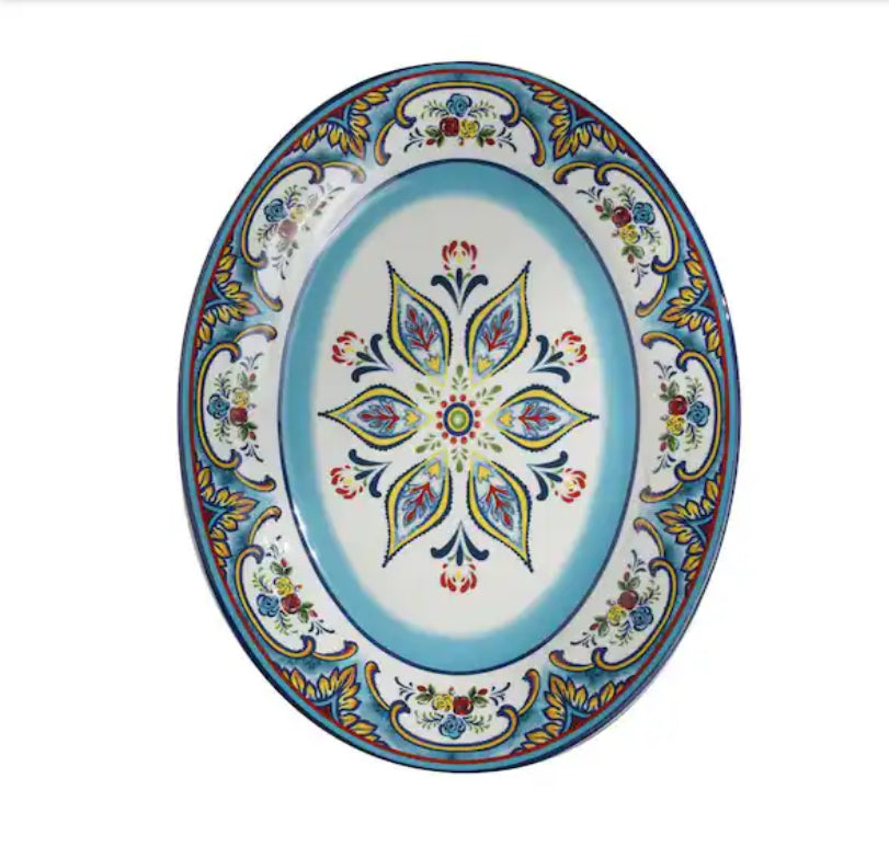 Zanzibar Multicolor Ceramic 16 in. x 12 in. x 1 in. Oval Serving Platter