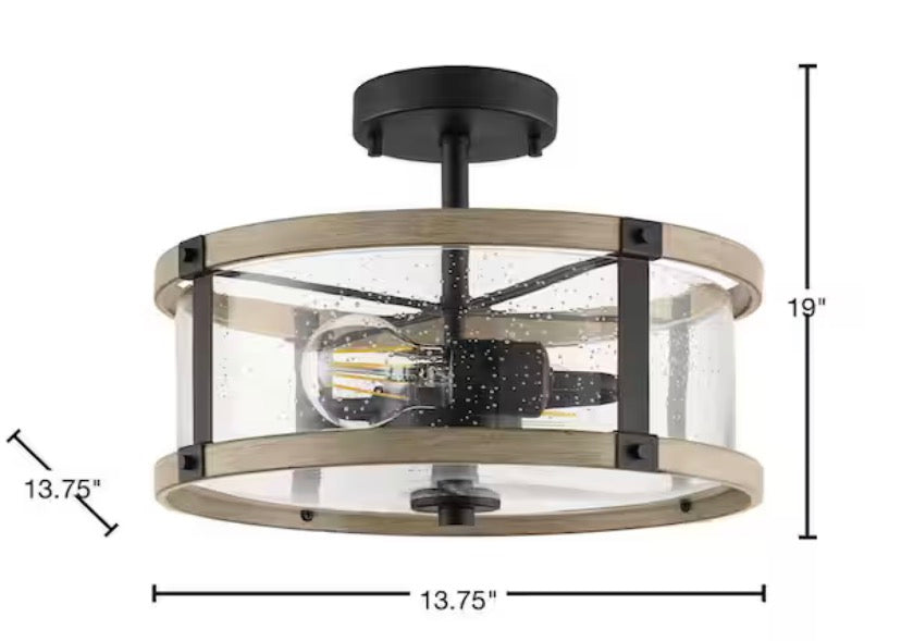 Richland 2-Light Grey Wood Semi Flush Mount Clear Seedy Glass