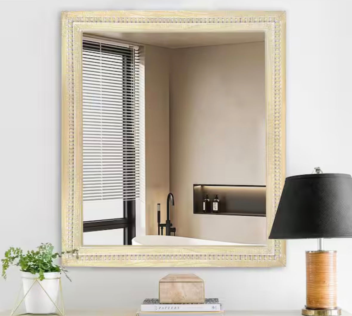30 in. W x 36 in. H Bohemian Carved Beaded Rectangular Wood Frame Wall Mirror Decorative Mirror
