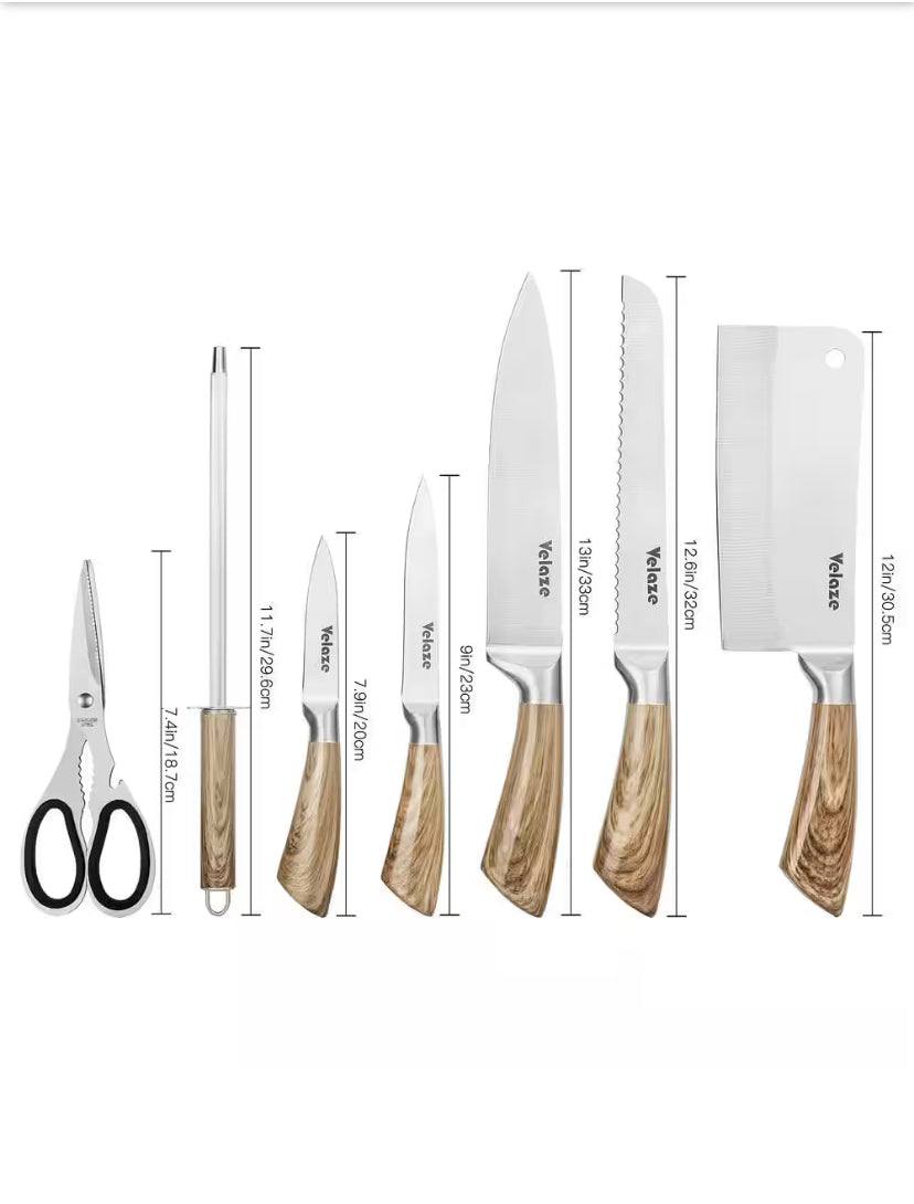 8-Piece Brown Acrylic Handle Stainless Steel Knife Set with Knife Block