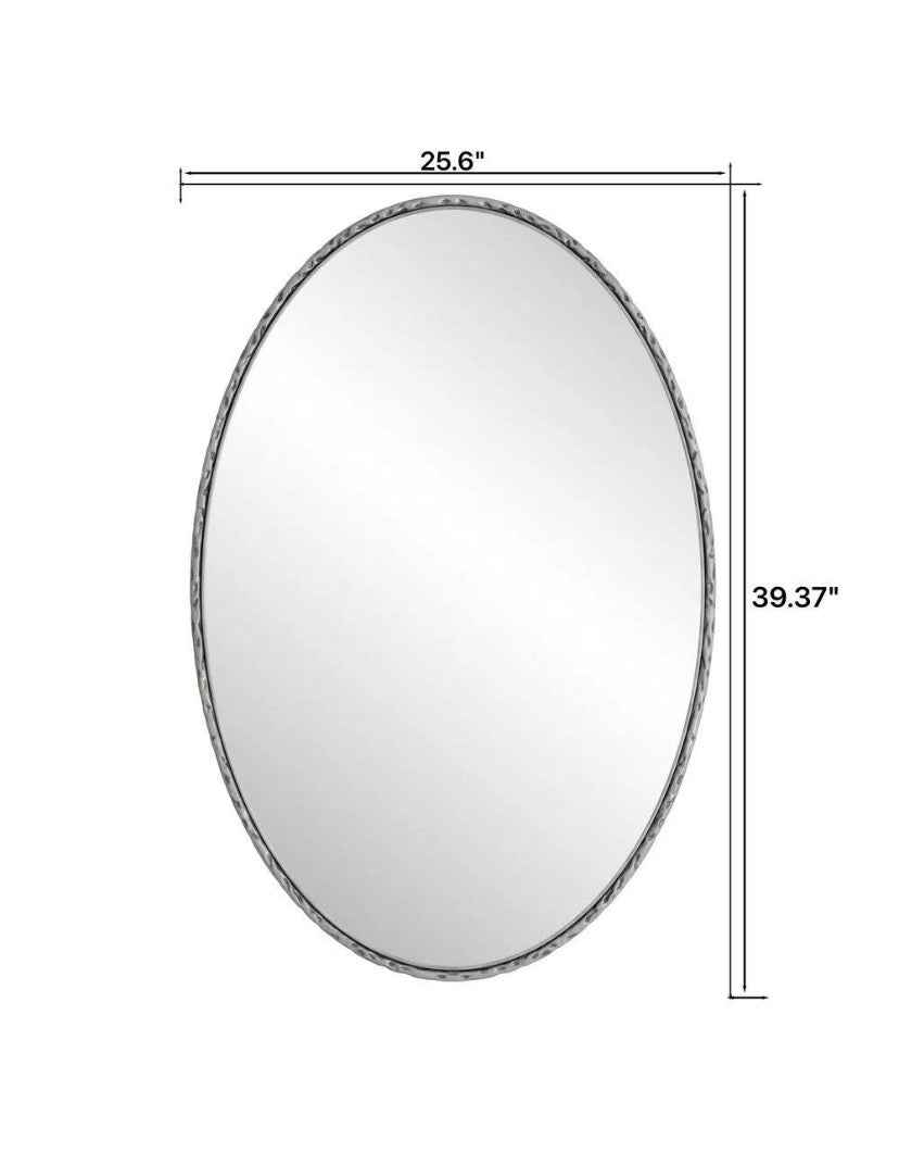 Silver 26 in W x 39 in H Oval Antique Iron Wall Mirror, Retro Art Frame for Bathroom Bedroom Living Room