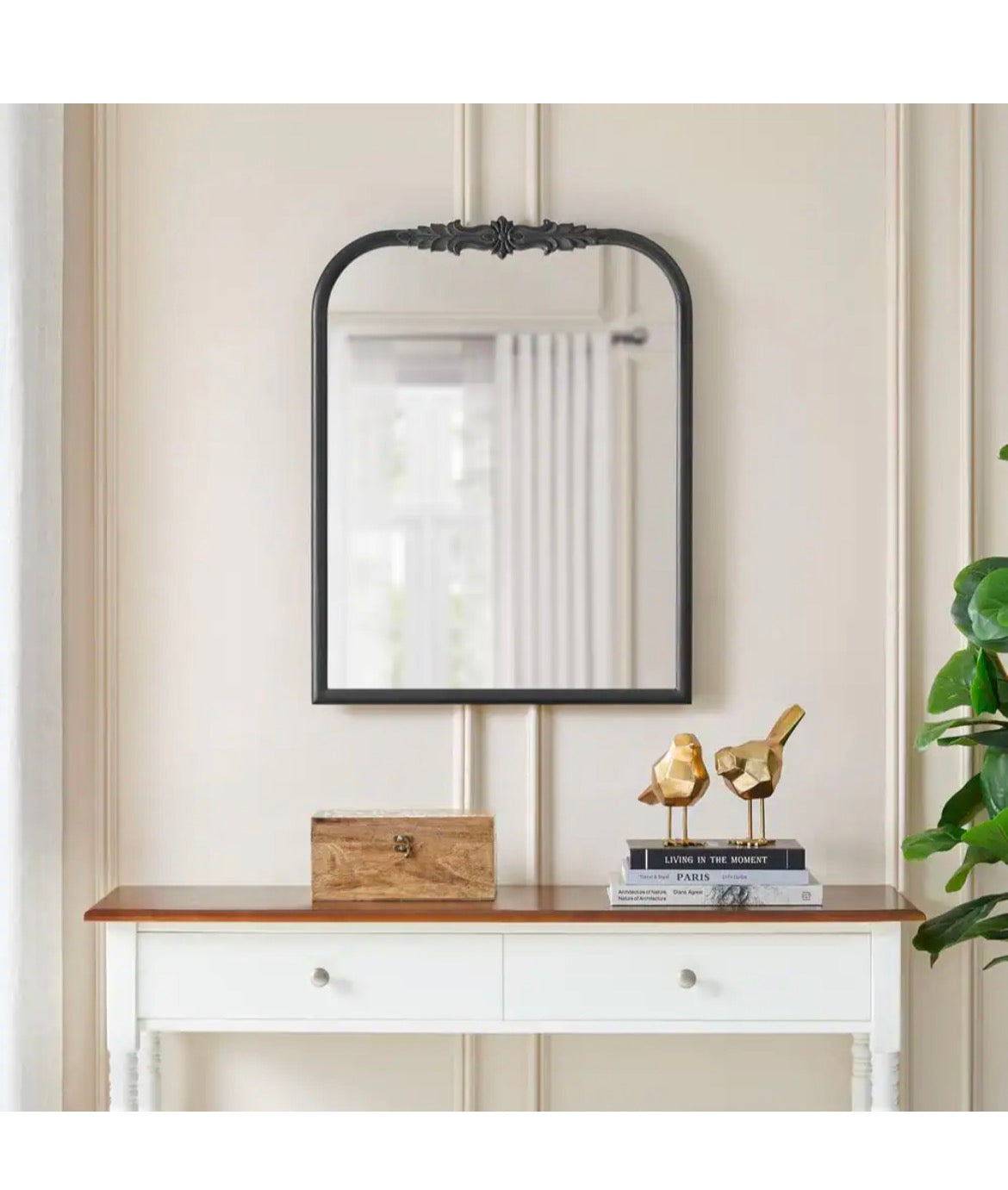 Medium French Country Arched Black Ornate Wood Framed Mirror (23 in. W x 29 in. H)