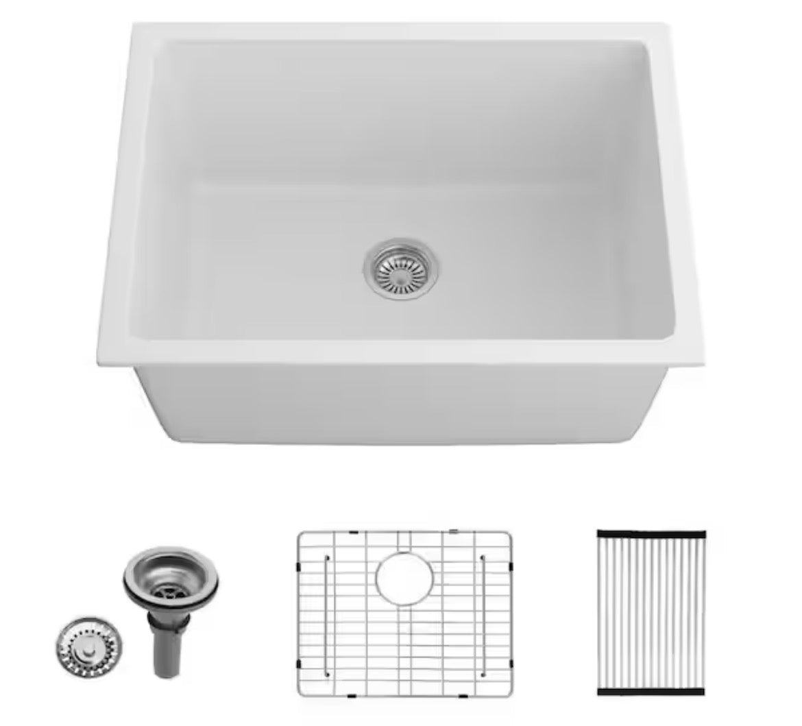 24 in. W x 18 in. D x 12 in. H White Single Bowl Quartz Composite Undermount Laundry/Utility Sink