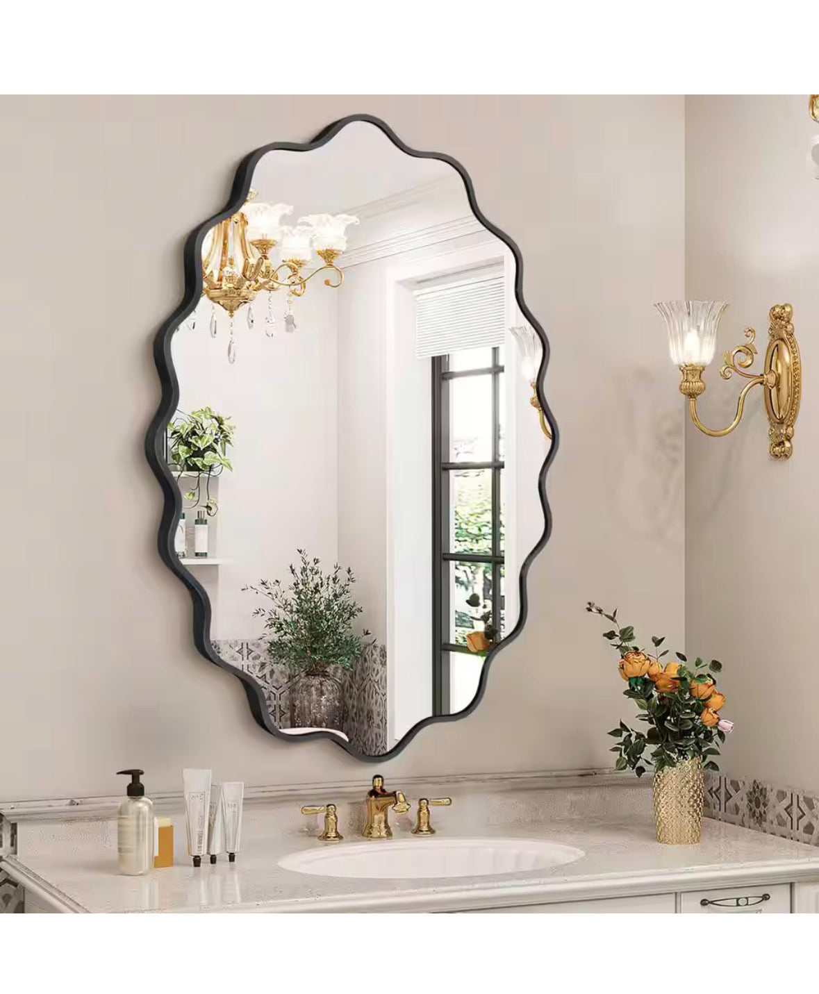 24 in. W x 36 in. H Oval Black Aluminum Alloy Framed Scalloped Wavy Wall Mirror