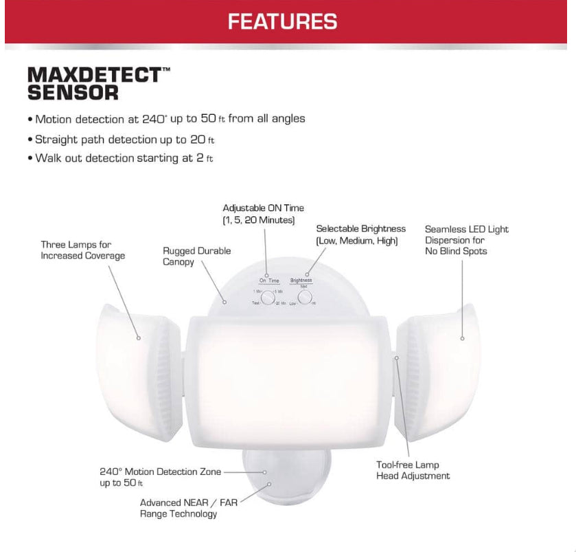 MaxDetect 240-Degree White Motion Activated Wired Outdoor 3-Head Dusk-to-Dawn LED Security Flood Light 3000 Lumens