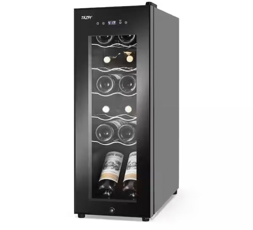 10.7 in. Wine Cooler 12 Bottle Freestanding Wine Refrigerator with Door Lock, Black