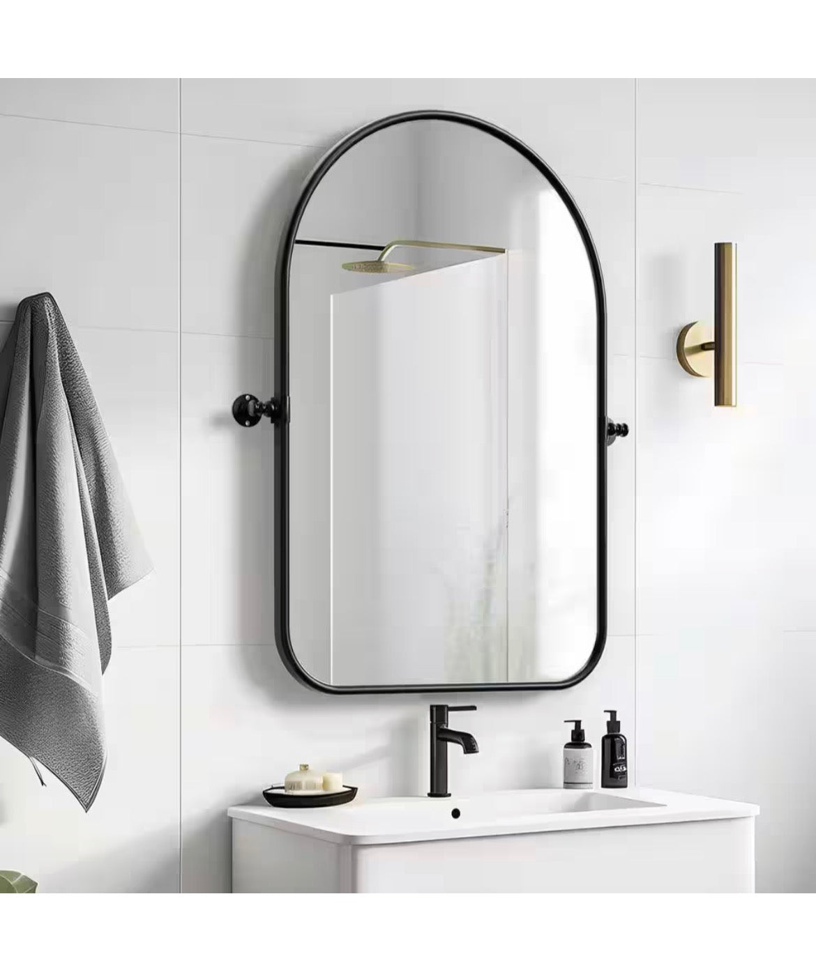 Black 1-Piece 23 in. W x 32 in. H Arch Metal Accent Wall Mirror Pivot Bathroom Vanity Mirror Decorative Mirrors