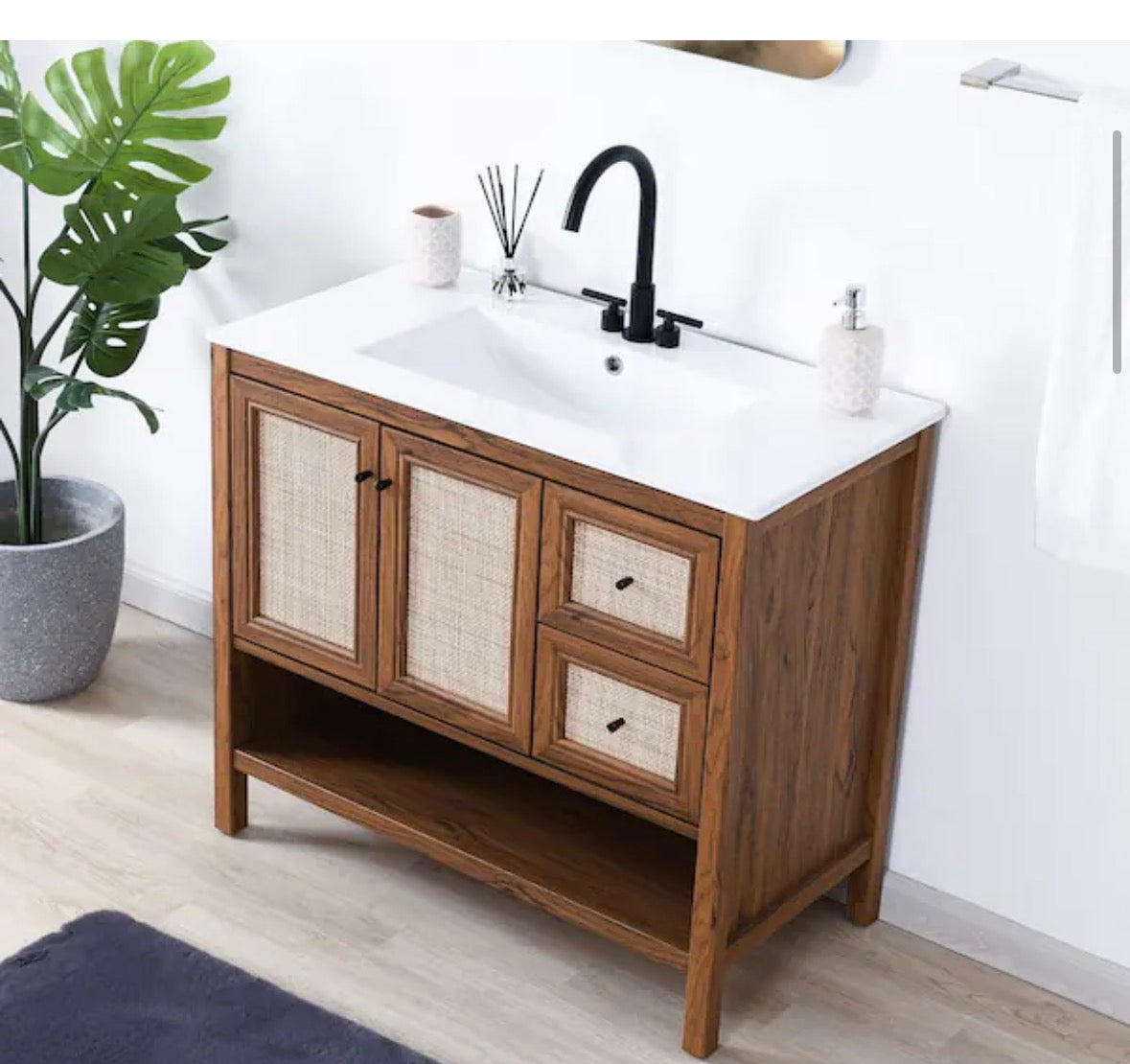 Jasper 36 in. W x 18 in. D x 33 in. H Rattan Modern Coastal 2-Shelf Bath Vanity Cabinet without Top in Walnut