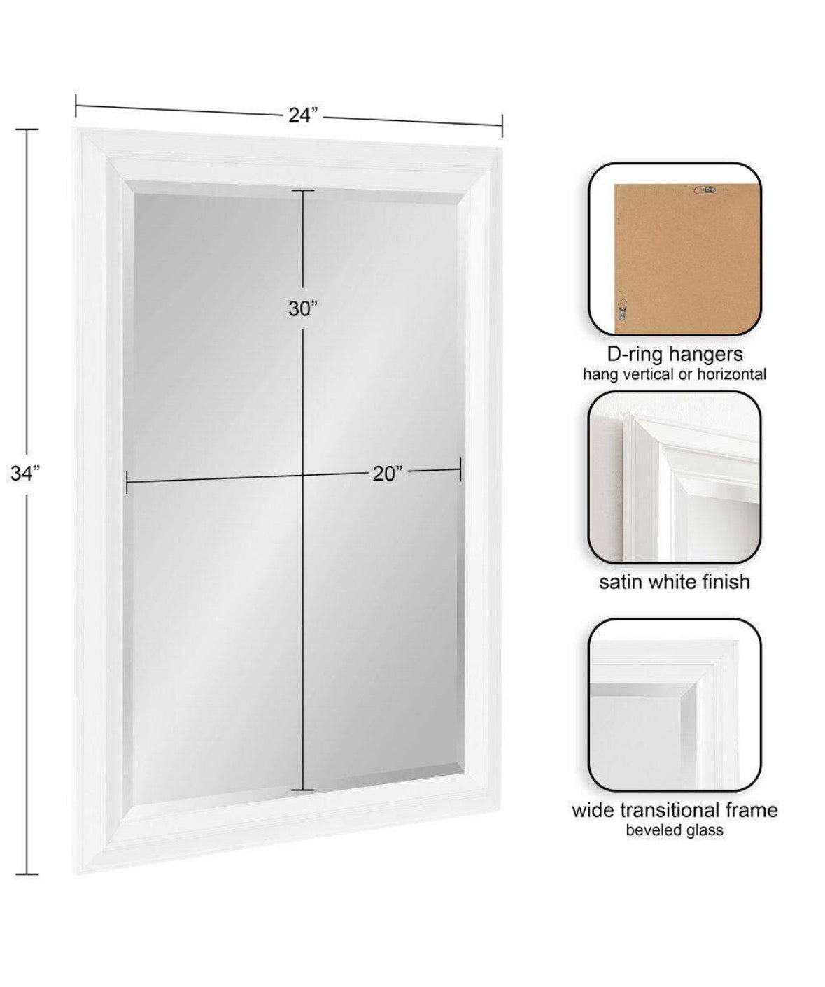 Whitley 23.97 in. W x 33.97 in. H White Rectangle Transitional Framed Decorative Wall Mirror