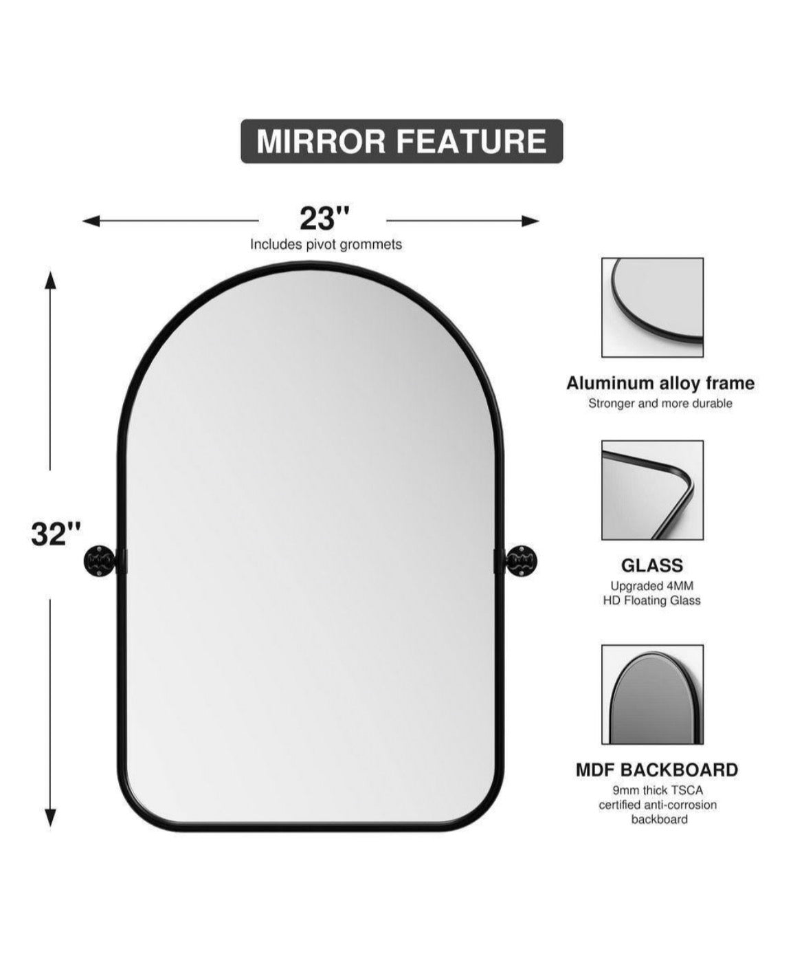 Black 1-Piece 23 in. W x 32 in. H Arch Metal Accent Wall Mirror Pivot Bathroom Vanity Mirror Decorative Mirrors