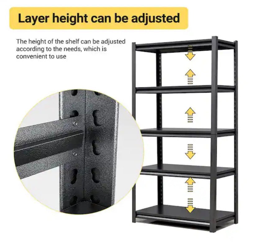 5-Tier Heavy Duty Storage Rack With Adjustable Height, Reinforced layer, Metal Garage Shelving - 36 x 16 x 72 Black