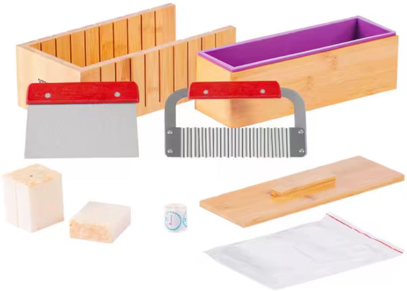 Soap Making Kit, Bamboo Cutting Box and Inner Box with Silicone Mold, Stainless Steel Straight Cutter and Wavy Cutter