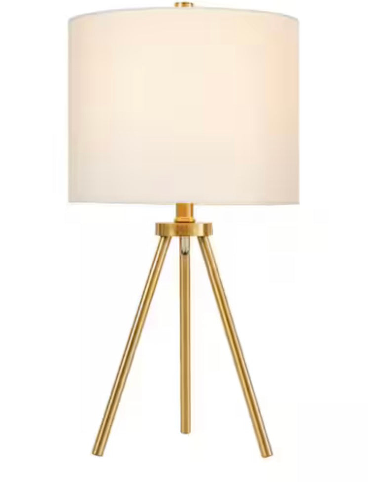 Quinby 22 in. Gold Tripod Table Lamp with White Fabric Shade