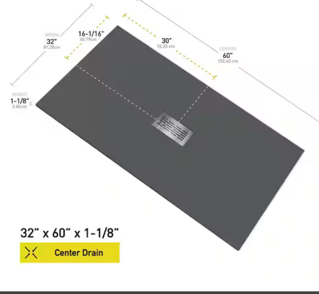 60 in. L x 32 in. W x 1.125 in. H Alcove Solid Composite Stone Shower Pan Base with Center Drain in Graphite Sand