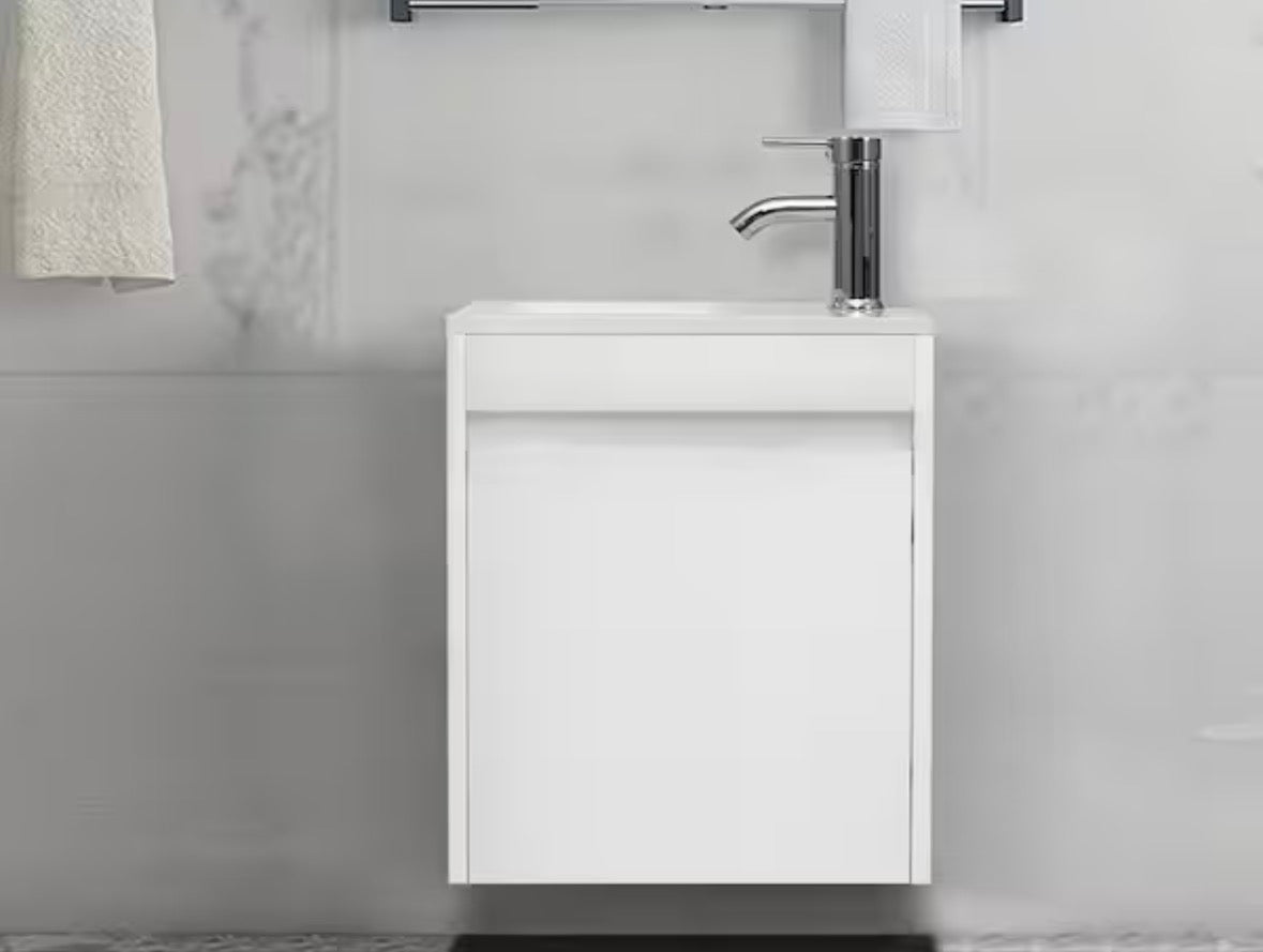 16 in. W x 9.8 in. D x 20.3 in. H Wall-Mounted Bathroom Vanity Set in White with Resin Sink and Faucet Drain P-Trap