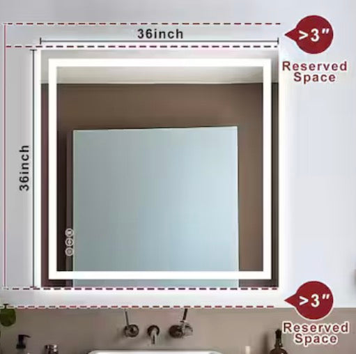 36 in. W x 36 in. H Rectangular Frameless LED Light Anti-Fog Wall Mirror Bathroom Vanity Mirror Adjustable Bright