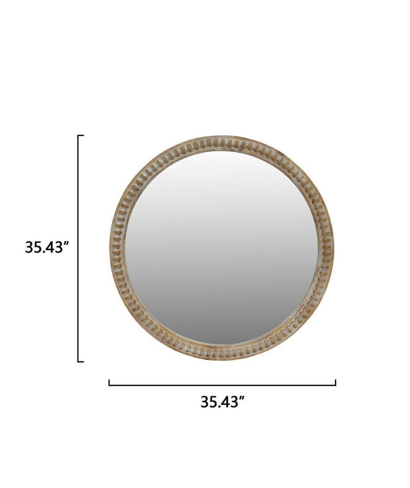 Round 35.43 in W x 35.43 in H Distressed Wood Beaded Frame Wall Mirror, Farmhouse Vintage Accent Mirror