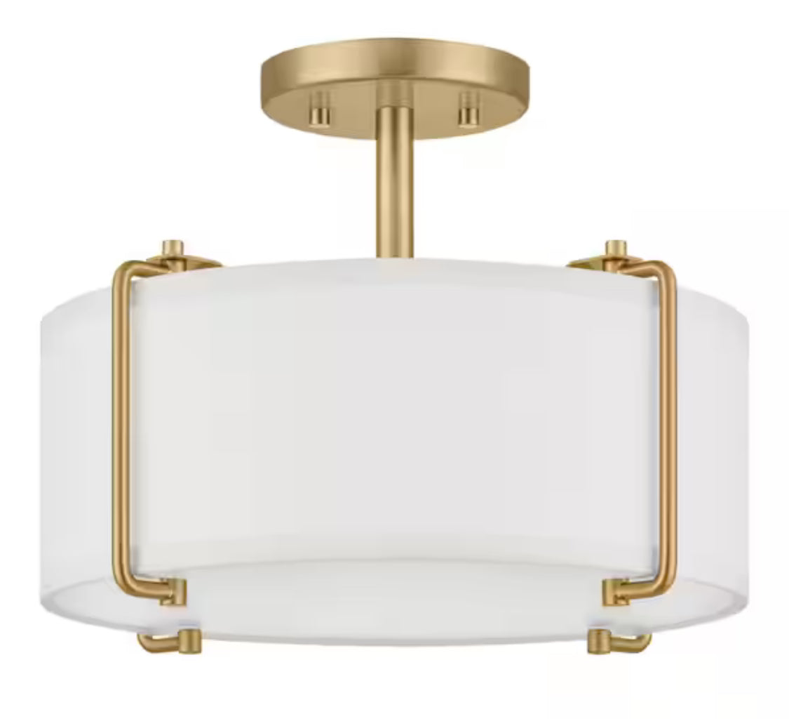 Brookley 14 in. 2-Light Brushed Gold Semi-Flush Mount with White Fabric Shade