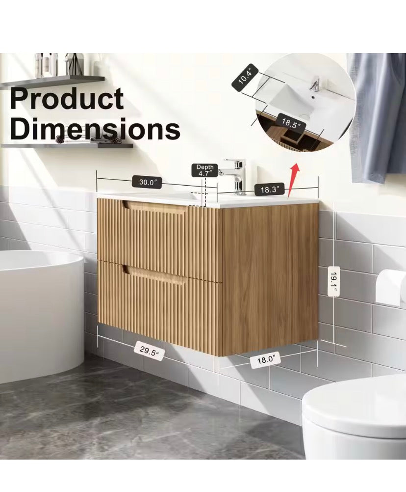 30 in. W Floating Wall Mounted Bath Vanity in Walnut with White Ceramic Top and U-shaped Drawers