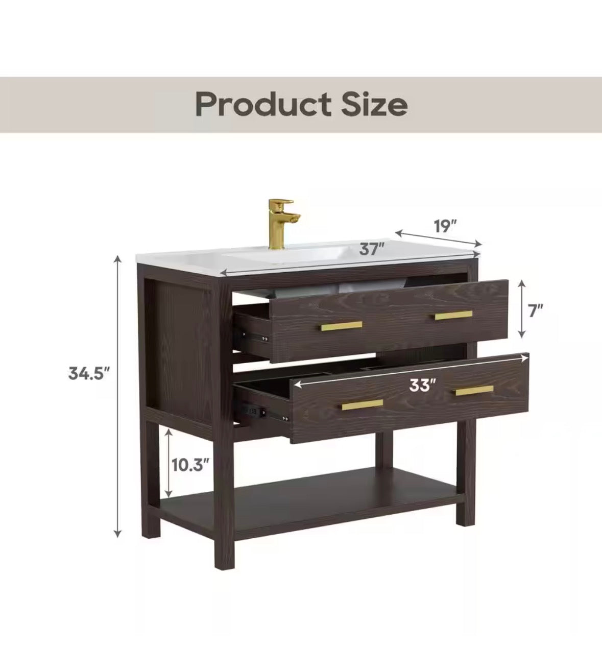 Magen 37 in. Single Sink Bath Vanity in Walnut with White Engineered Solid Surface Top and 2 Drawers (Unassembled)