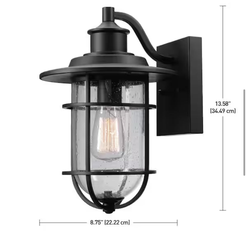 Turner 13.58 in. 1-Light Vintage Black Outdoor Wall Light Lantern Sconce with Clear Seeded Glass