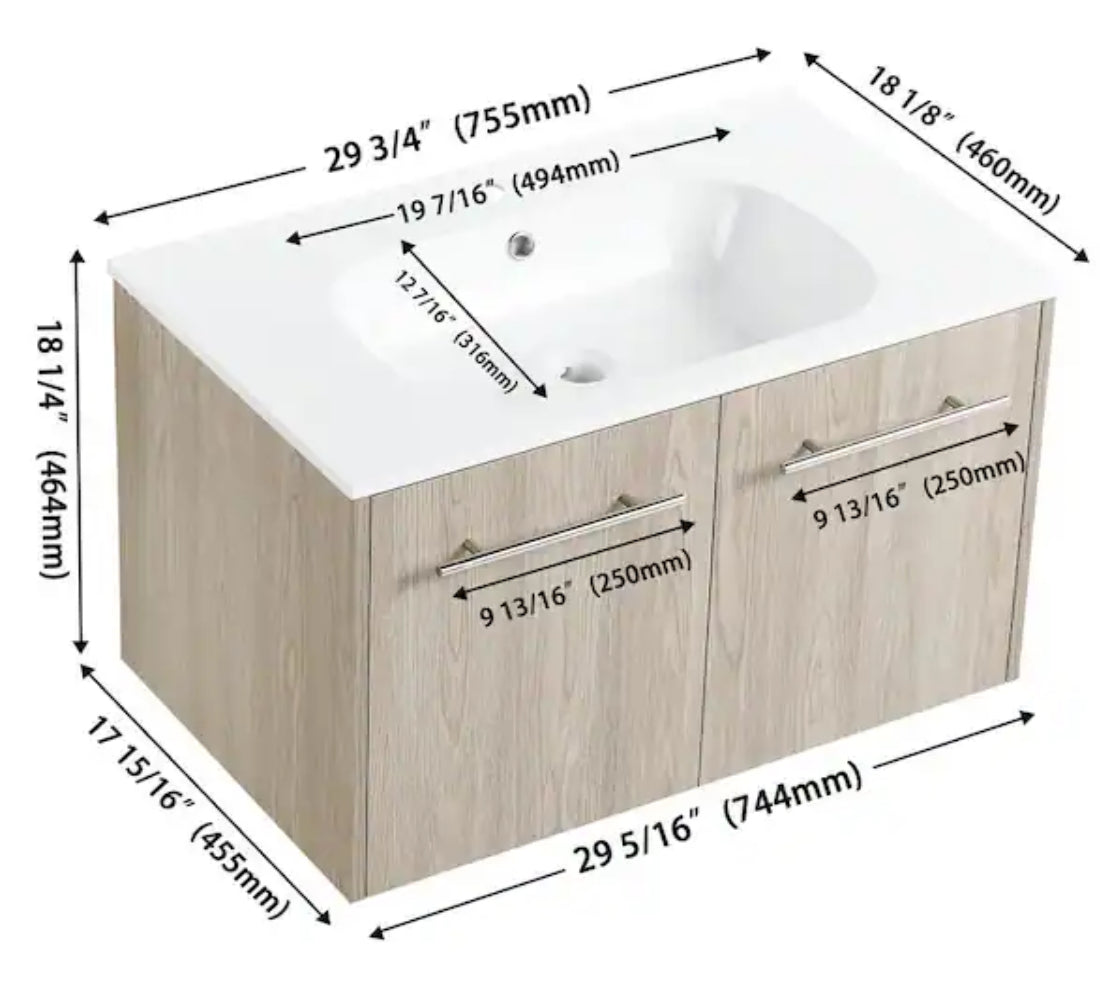 30 in. W x 18 in. D x 18 in. H Wall Mounted Floating Vanity Cabinet with Sink Combo in White Oak